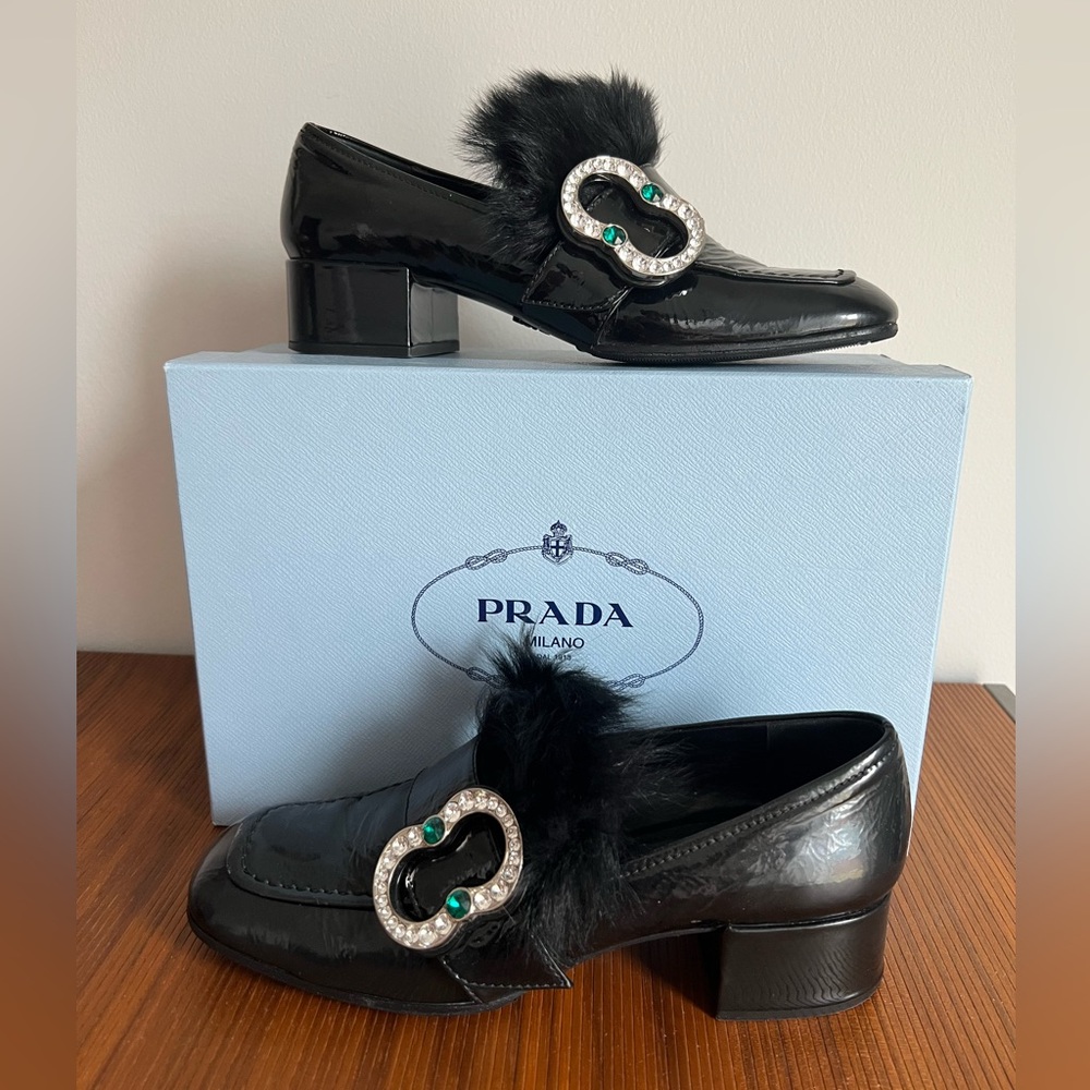 Prada Black Patent Embellished Loafer, MSRP: $990.00 Size 9B/39